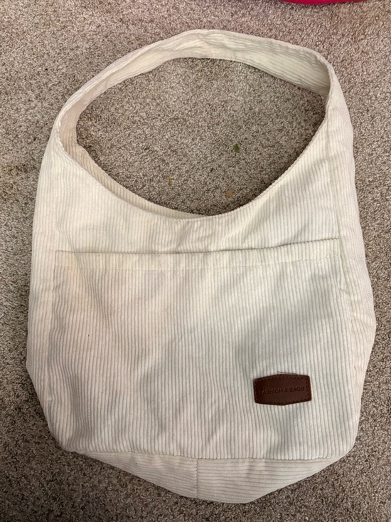 Handbags - Cream Corduroy Hobo Bag with Leather Patch